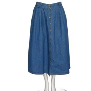 Vintage Denim Midi Skirt, 29" Waist, Buttons, Pockets, Medium Blue, A-line